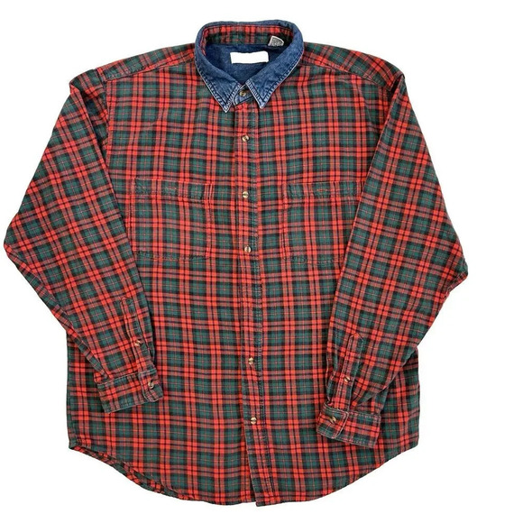 Vintage Bugle Boy Company Red Plaid & Denim Button Up Long Sleeve Shirt Size XL - Picture 1 of 11